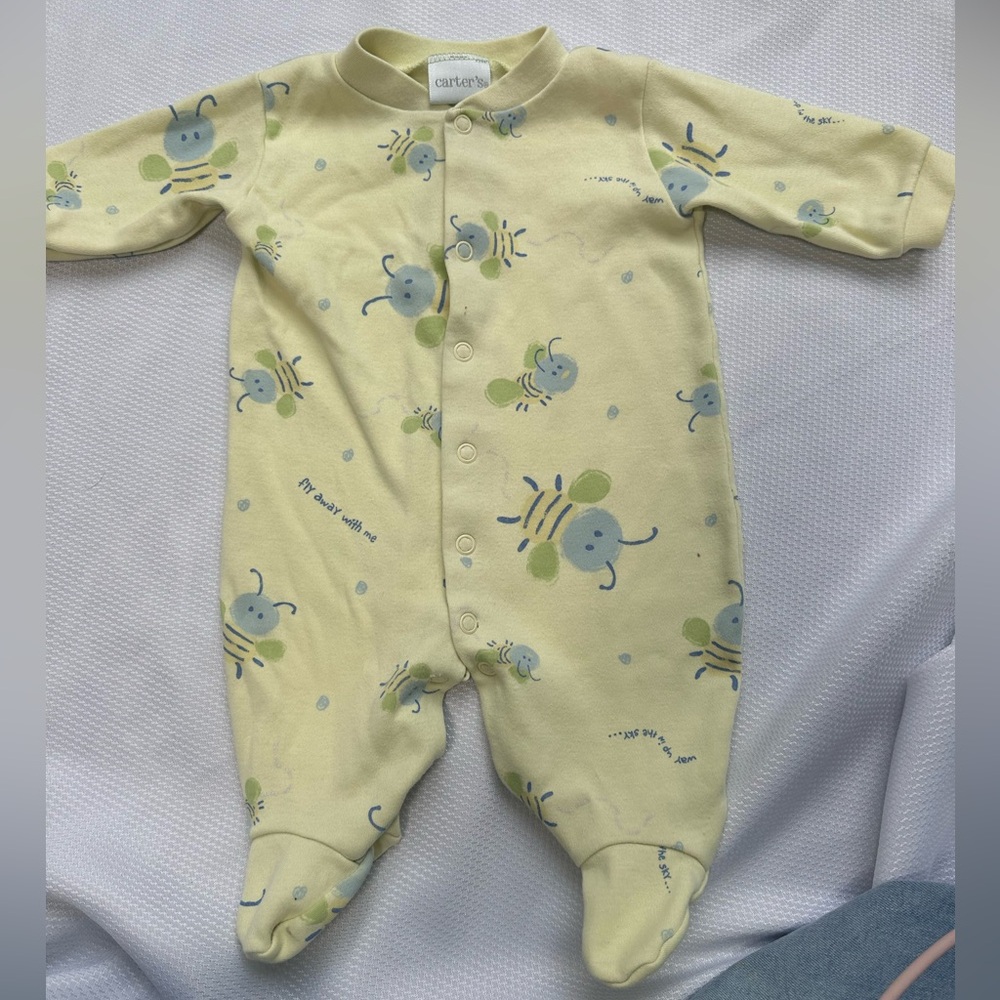 Vintage Carter's Pale Yellow Footed One-Piece with Blue & Green Bee Print 0-3 mo